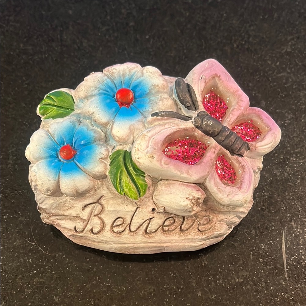 Resin Stone - Decorative "Believe Stone" with Butterfly and Flowers